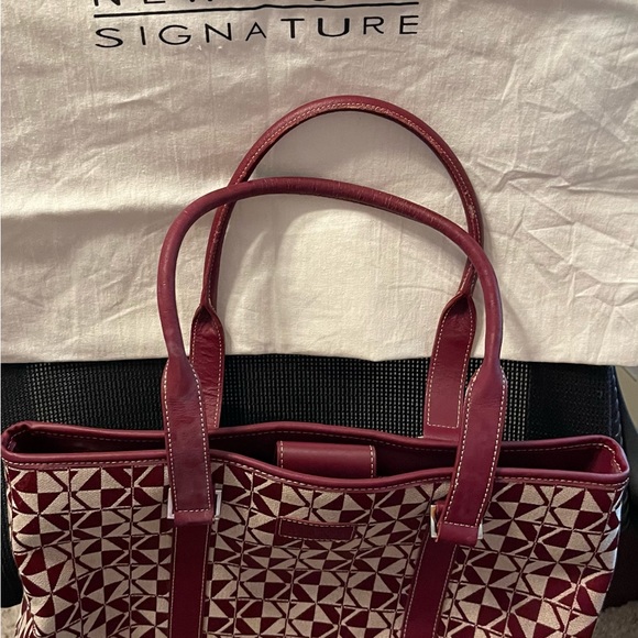 Deep red Max New York Tote in Signature fabric. 12.5 inches tall, 15 inches wide - Picture 3 of 3